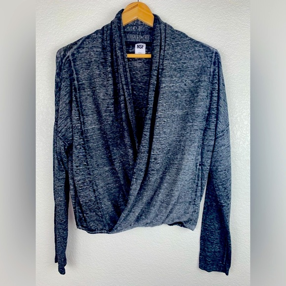 NSF Heathered Black Marled Acid Wash Cowlneck Surplice Plunge Blouse Top - Picture 4 of 11